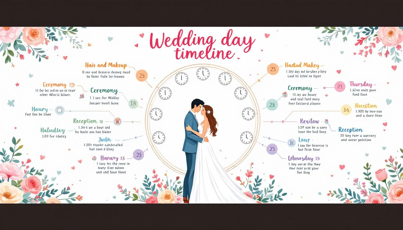 A detailed wedding day timeline displayed on a planner.