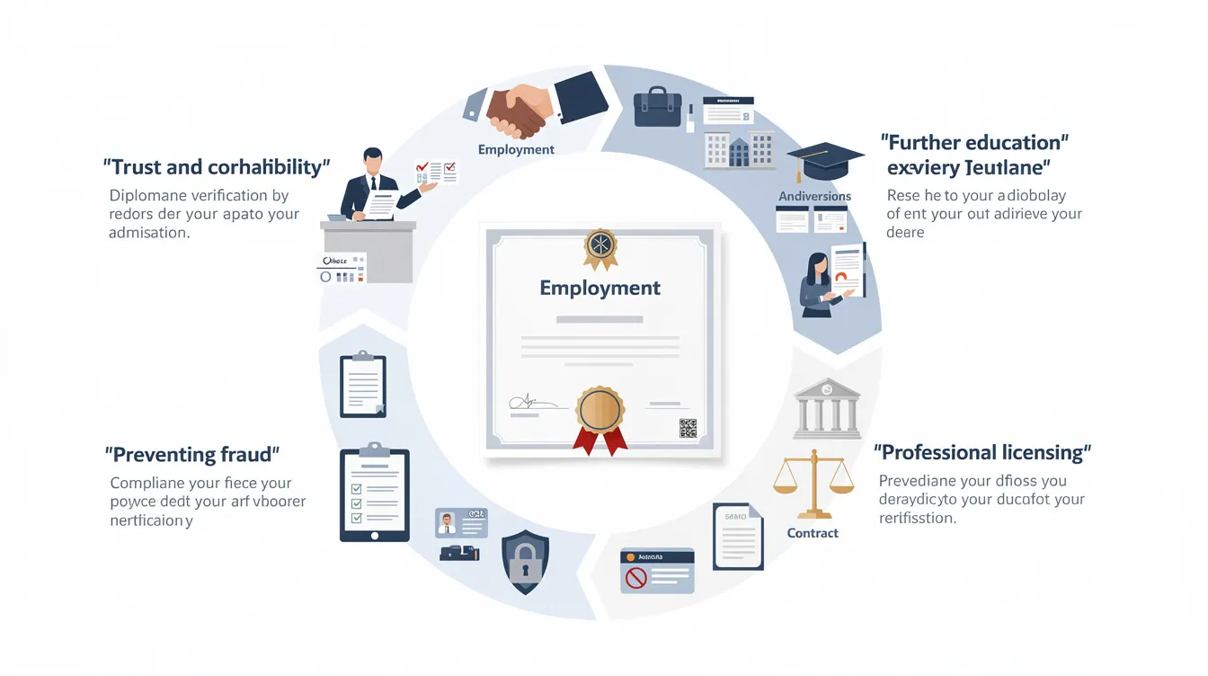 The image depicts a checklist highlighting the reasons for diploma verification, including education verification checks for high school diplomas and academic credentials. It emphasizes the importance of verifying education history and graduation status during the hiring process to ensure candidates possess the necessary qualifications for job offers.