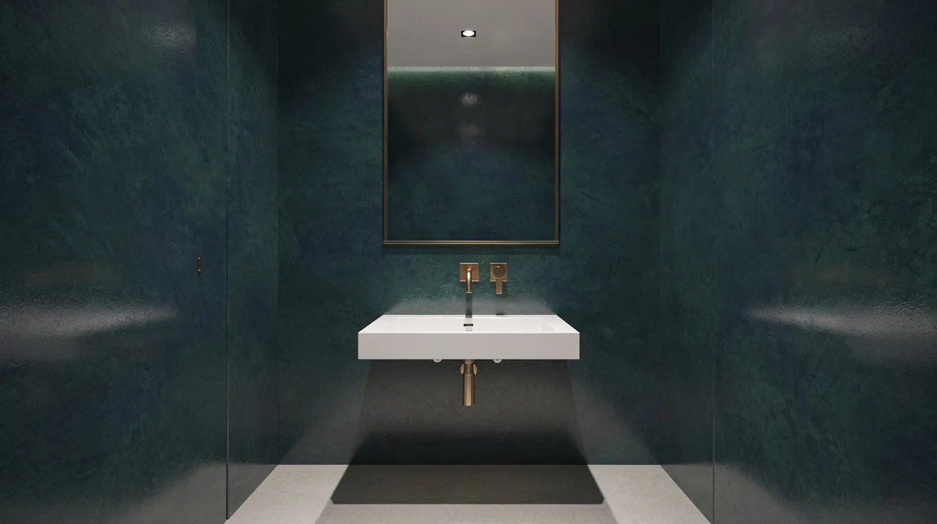 The image depicts a small, elegant powder room featuring deep jewel-toned polished venetian plaster walls that exude timeless elegance. A simple floating white basin with brass fixtures complements the luxurious atmosphere, creating a spa-like sanctuary perfect for high moisture areas.