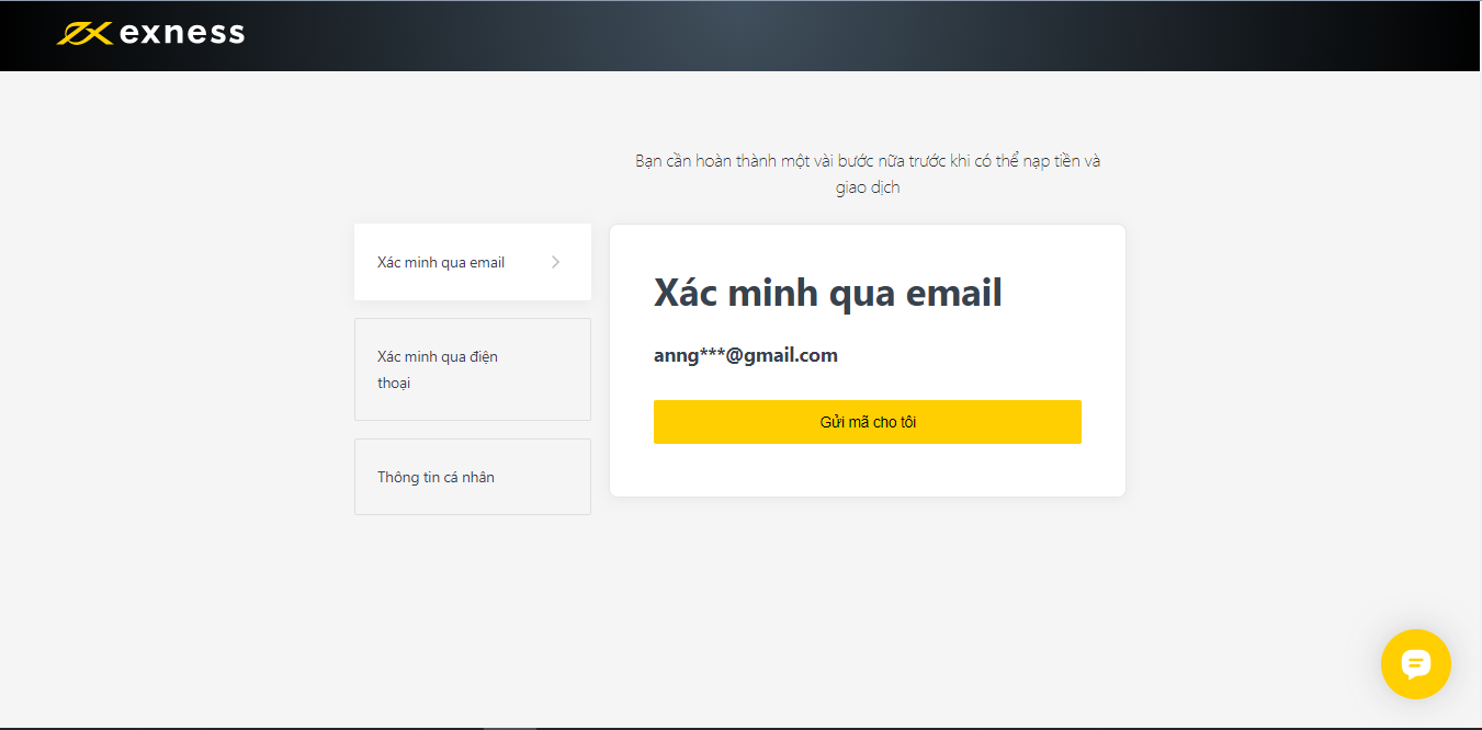 Xác minh tài khoản Exness qua Email