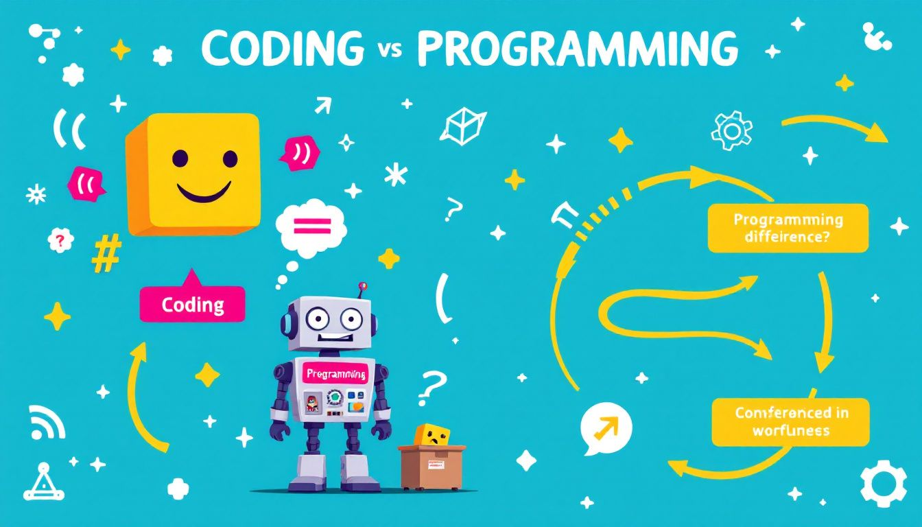 A visual representation of coding vs programming, showcasing the differences in focus and skills.