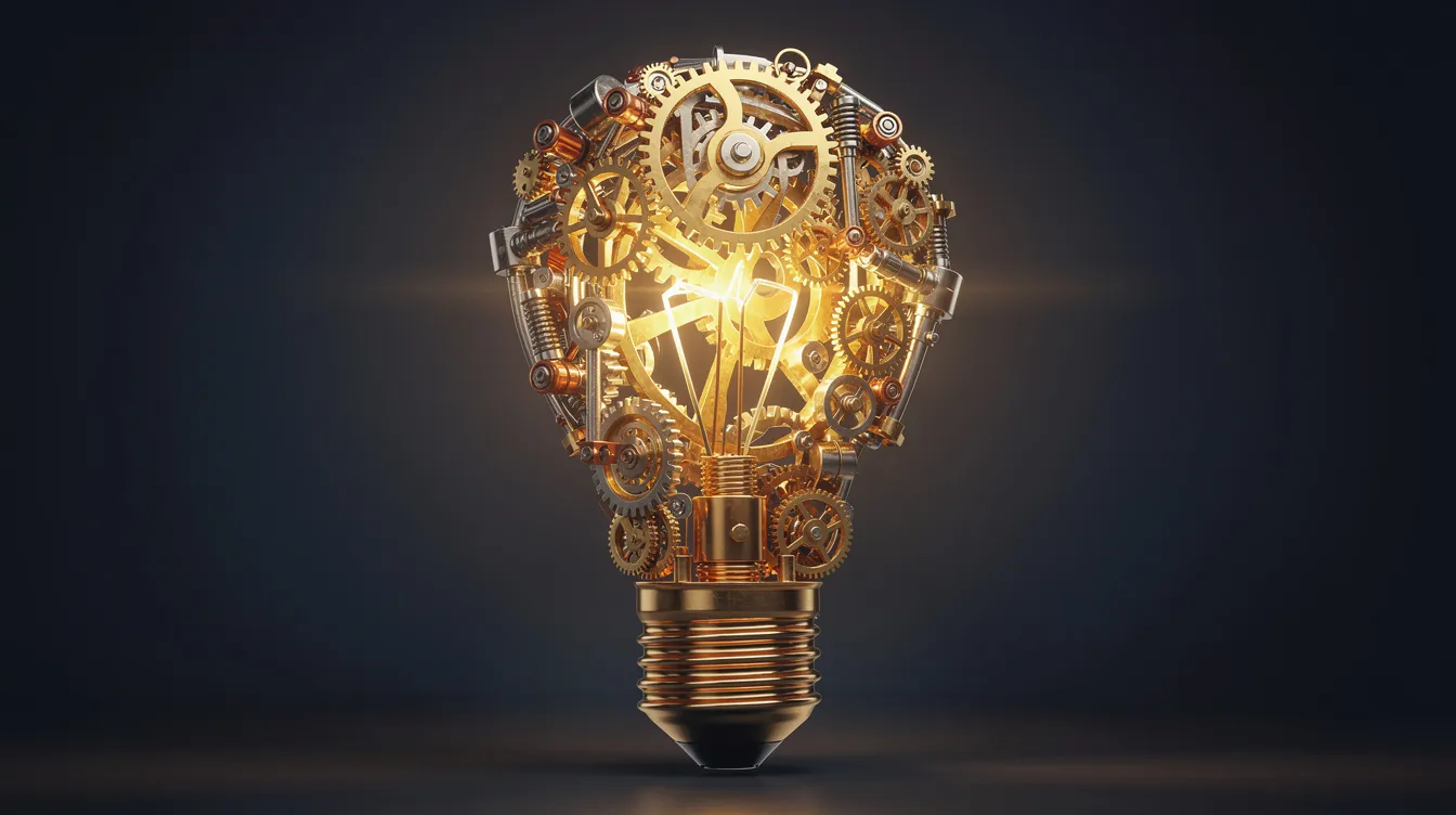 The image features a creative lightbulb constructed from interconnected gears and mechanical parts, symbolizing innovative ideas and the process of concept development. This visual representation emphasizes the importance of creative thinking and generating concepts that resonate with the target audience.