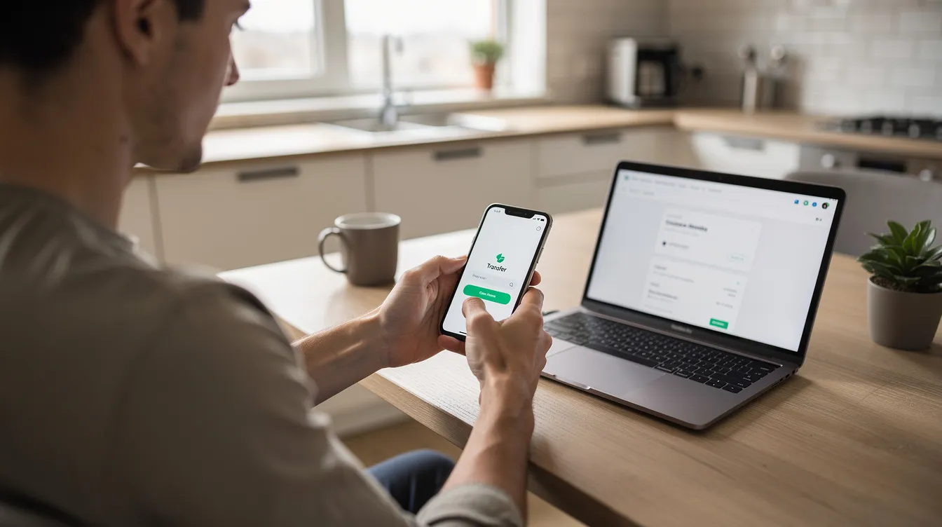 The image depicts a person sitting at a kitchen table, using a smartphone to send money for paying bills, with a laptop open beside them. This scene highlights the ease of digital payments and financial inclusion, showcasing the convenience of technology in managing utilities from home.