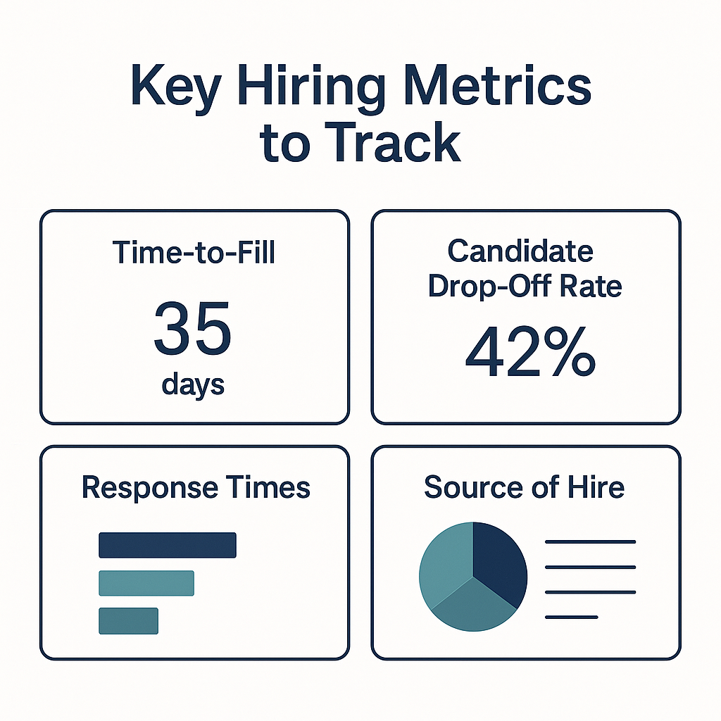 Dashboard titled ‘Key Hiring Metrics to Track’ showing four key metrics: Time-to-Fill (35 days), Candidate Drop-Off Rate (42%), Response Times (with bar graph), and Source of Hire (with pie chart). Each metric is displayed in a clean grid layout with navy and teal visuals.