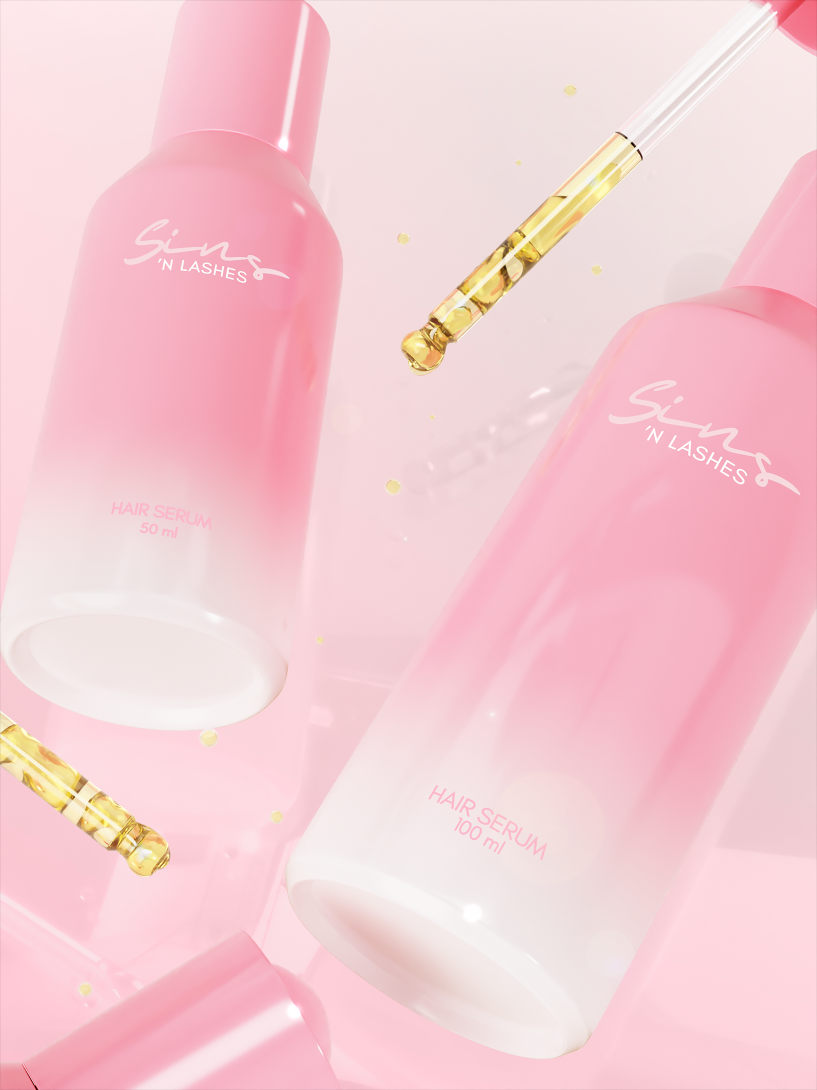 Rosafarbene Sins ’N Lashes Hair-Serum-Flaschen mit einem goldenen Tropfer, der das Serum abgibt, dargestellt vor einem weichen, glänzenden Beauty-Hintergrund.