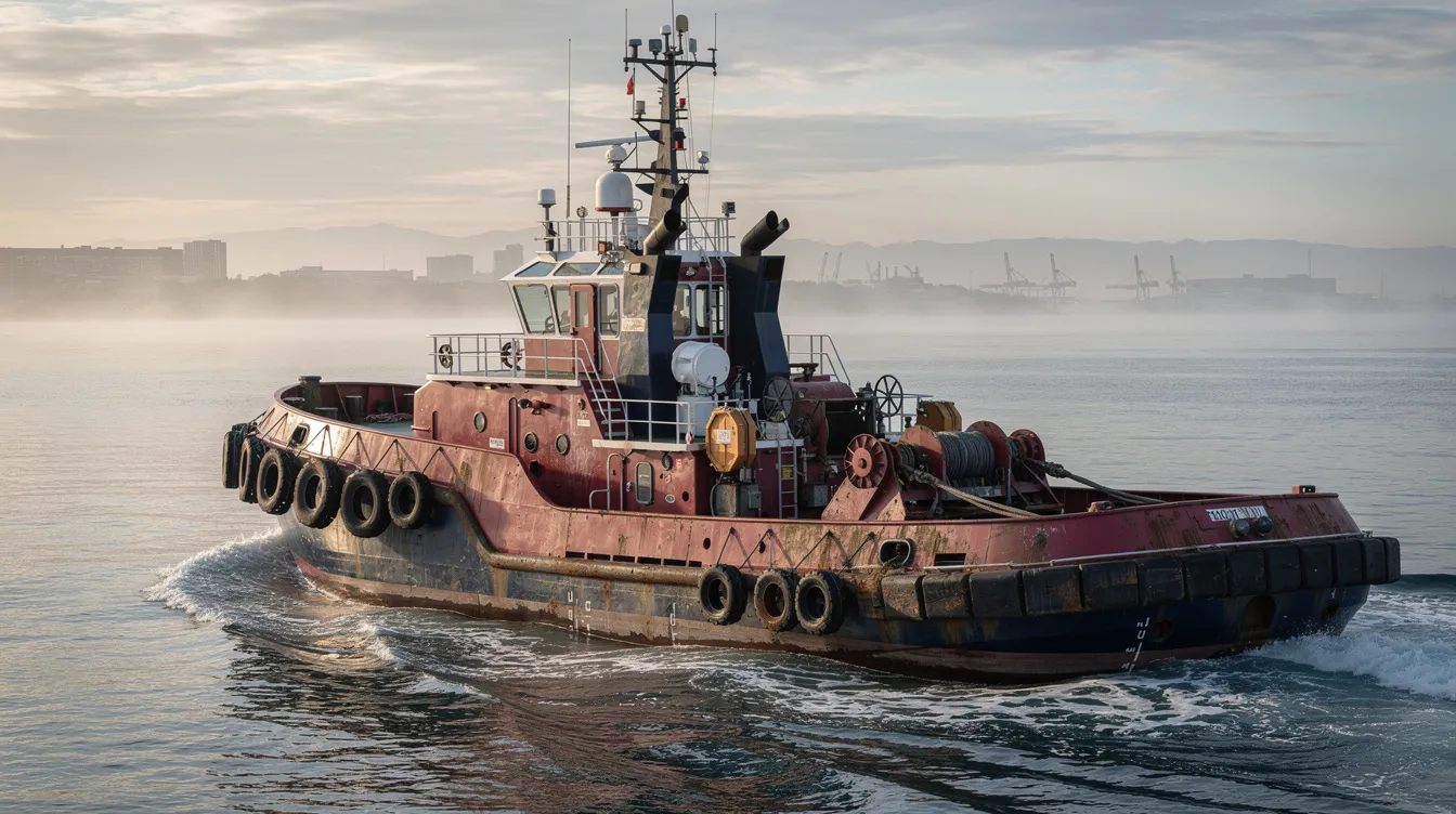 The image depicts an industrial tugboat navigating through coastal waters, showcasing its robust design and functionality. This scene highlights the importance of maritime law and the role of maritime accident attorneys in Houston, especially in cases involving injuries or accidents at sea.