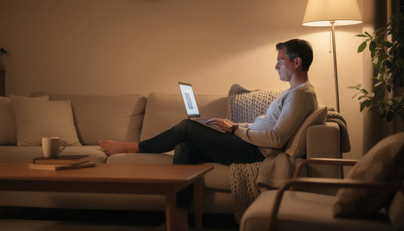 The image shows a person comfortably sitting on a couch with a laptop in a cozy living room, likely researching the home buying process. This inviting space suggests a focus on homeownership, potentially exploring topics like homeowners insurance and the financial implications of purchasing a dream house.