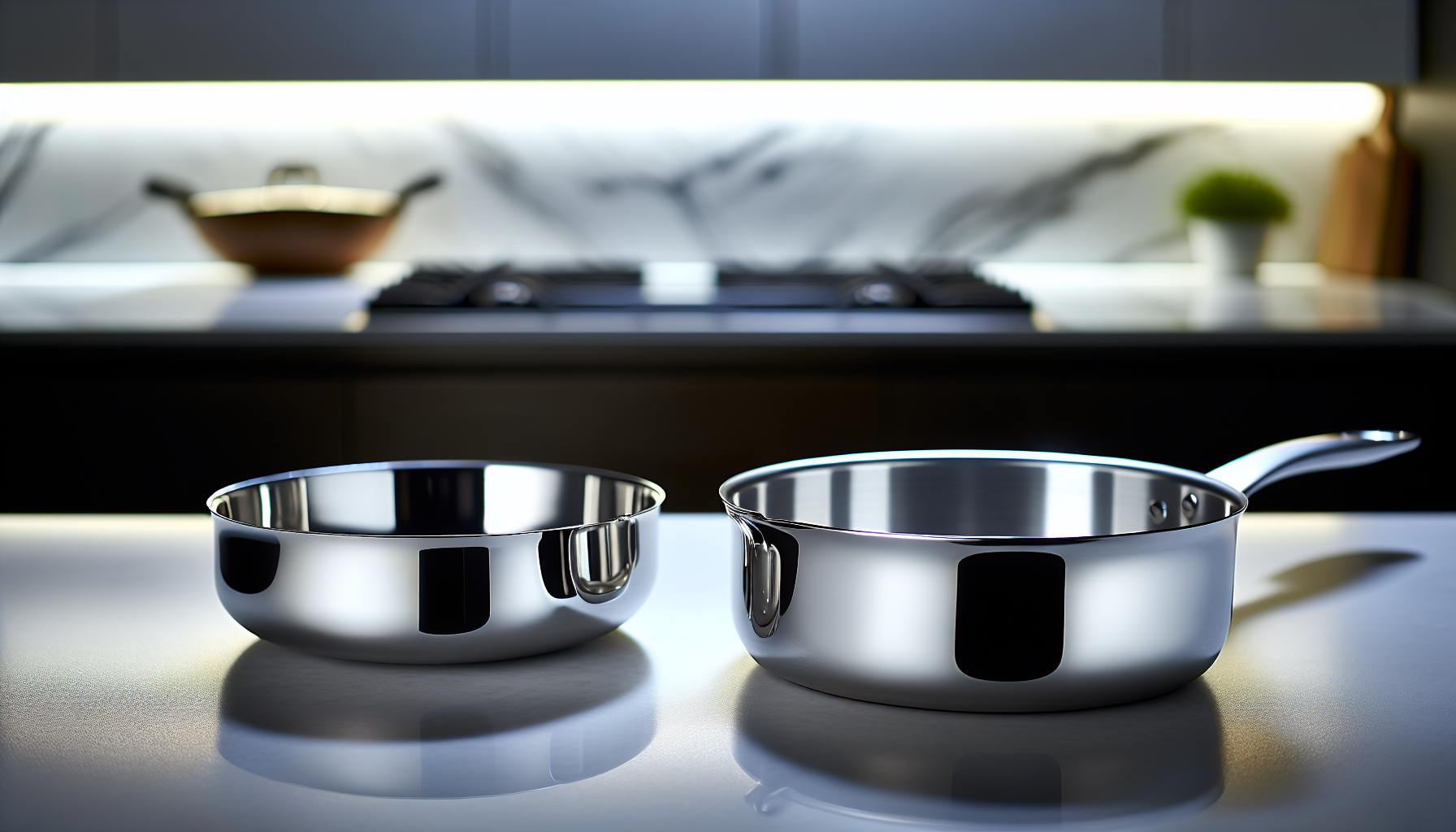 A shallow skillet and a deep skillet side by side on a kitchen counter