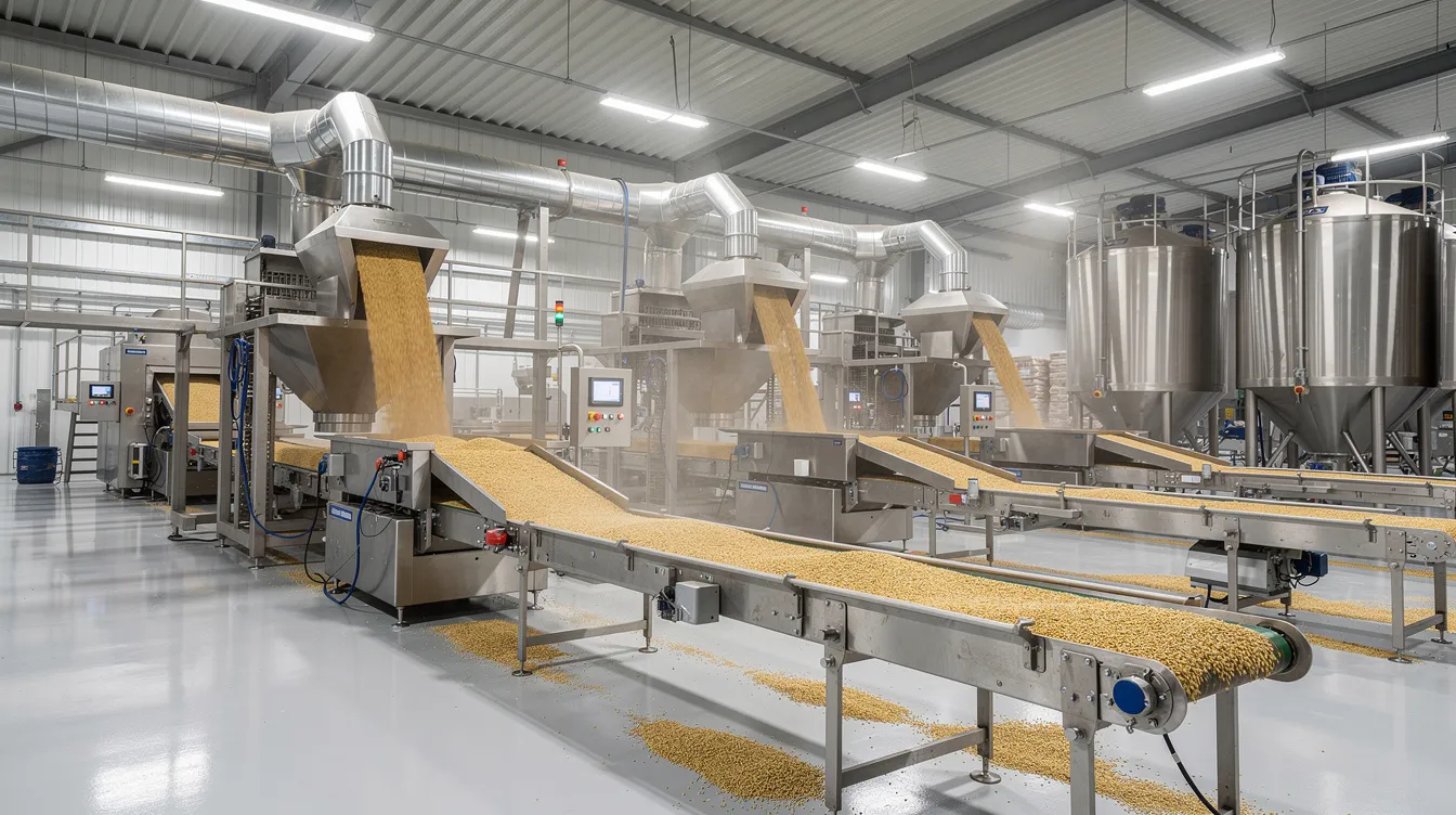 9ee89537 4404 4b4d 8ea1 c4f029603f0f The image depicts the interior of an industrial food processing factory, showcasing stainless steel machinery and conveyor belts dedicated to processing grain products like poha. The automated poha making machines highlight the advanced technology used in food processing, emphasizing efficiency and quality in production.