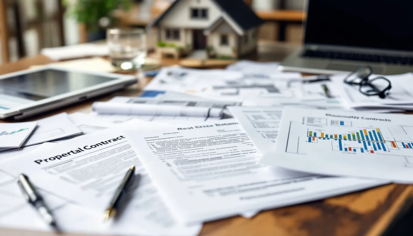 Na imagem, documentos imobiliários estão espalhados sobre uma mesa, enquanto ao fundo há uma casa em miniatura, simbolizando a regularização de imóveis e a importância da documentação, como escritura pública e registro de imóveis, no mercado imobiliário.