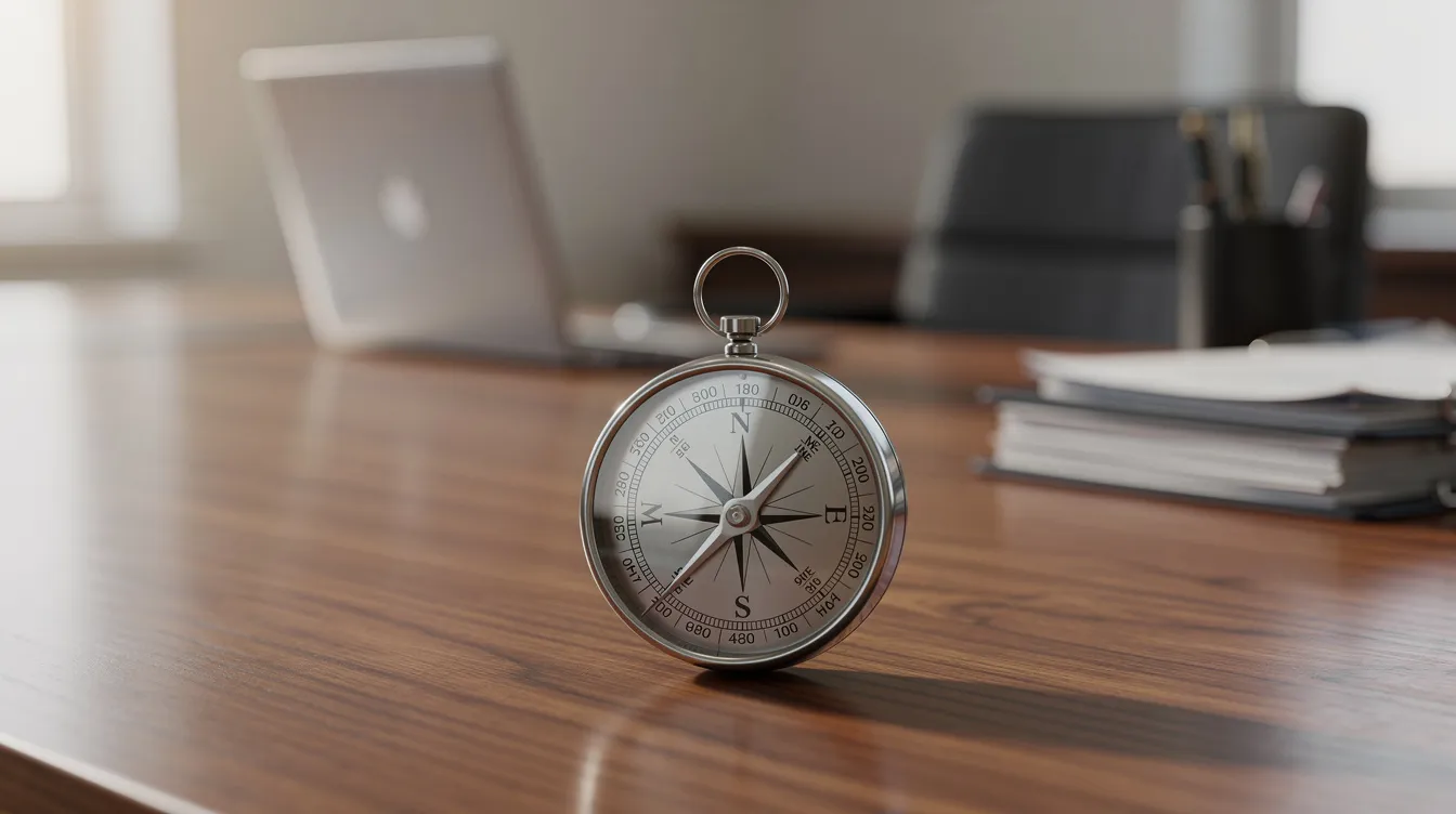 Une boussole est posée sur une table en bois dans un bureau professionnel, symbolisant la prise de décision et le leadership. Cet objet évoque l'importance du développement personnel et du style de leadership dans le monde du travail.