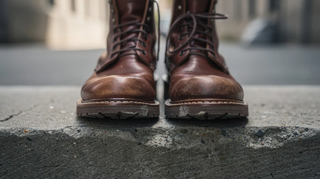 A pair of worn-in brown leather heritage boots rests on a concrete step, showcasing their stylish and versatile design suitable for casual outfits. These boots, known for their long-term durability and comfortable fit, are perfect for walking and all-day comfort.