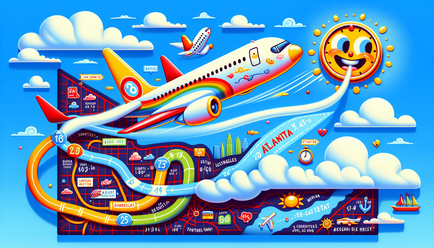 An illustration depicting the average flight time from Los Angeles to Atlanta.