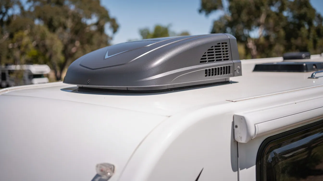 The image shows an RV rooftop air conditioner unit with a protective shroud cover mounted on top of a travel trailer, designed to maintain optimal performance and protect against external elements. Regular maintenance of the AC unit is essential to prevent issues like overheating and breaker trips.