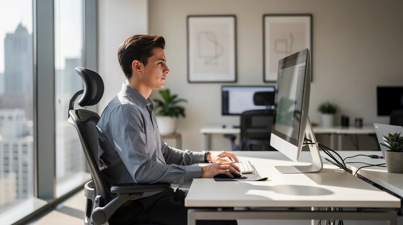 The image shows a person sitting at a computer desk in a professional office environment, possibly preparing for their FAA knowledge tests or scheduling their exam at a nearest testing center. The workspace is organized, suggesting a focus on completing necessary forms and studying for pilot certification.
