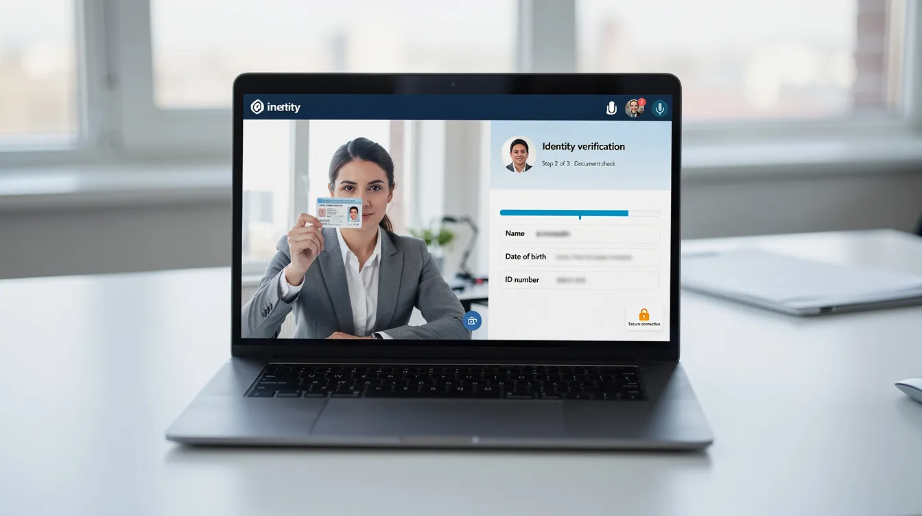 The image shows a laptop screen displaying a professional video call focused on an identity verification process, likely related to government services in the 香港 特別 行政區. The scene emphasizes the importance of secure identity checks for 公務員 職位 and public service roles.