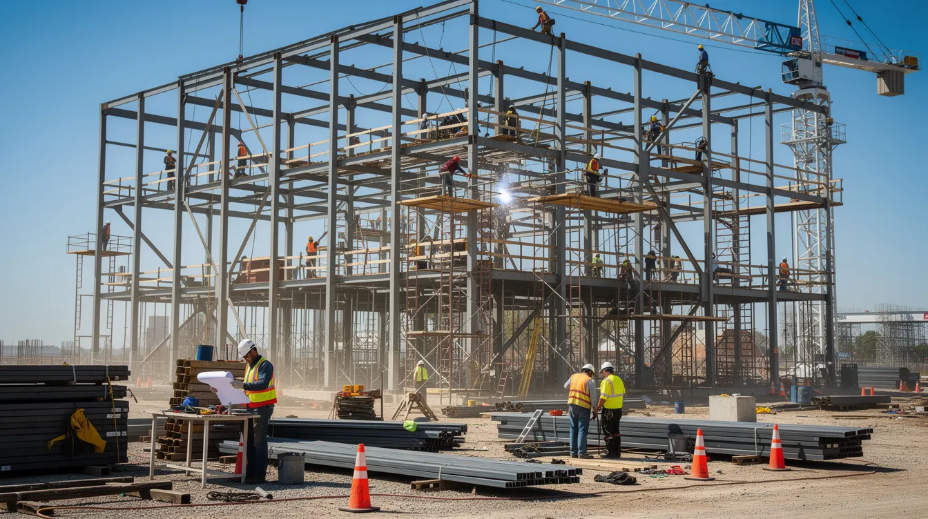 The image depicts a bustling construction site featuring a steel framework, with several workers wearing hard hats actively engaged in the project. This scene highlights the importance of licensed contractors adhering to safety regulations and building permits as they carry out their work in the construction industry.