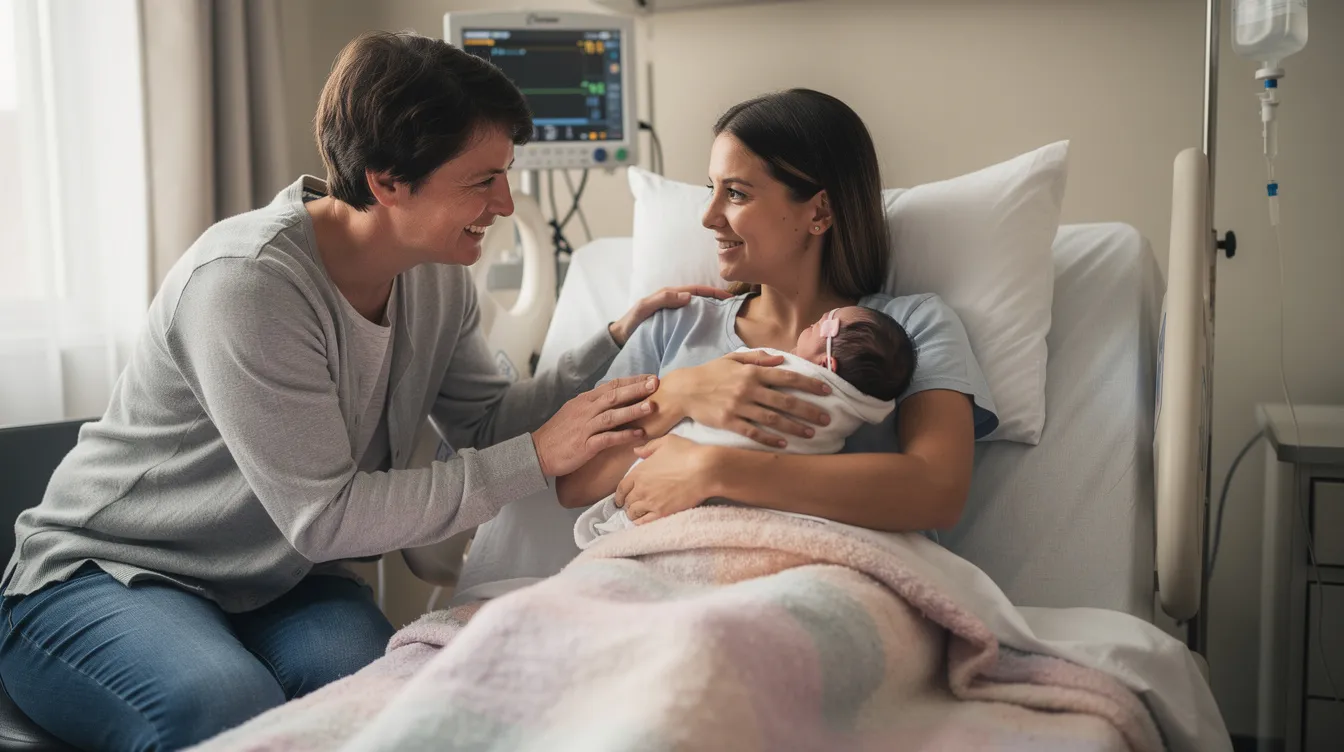 A mother is gently cradling her newborn baby in a hospital bed, radiating joy and tenderness, while a supportive family member stands nearby, offering comfort during this intimate moment. This scene captures the essence of childbirth, highlighting the importance of proper medical care during the delivery process to prevent potential birth injuries and complications for both the mother and baby.