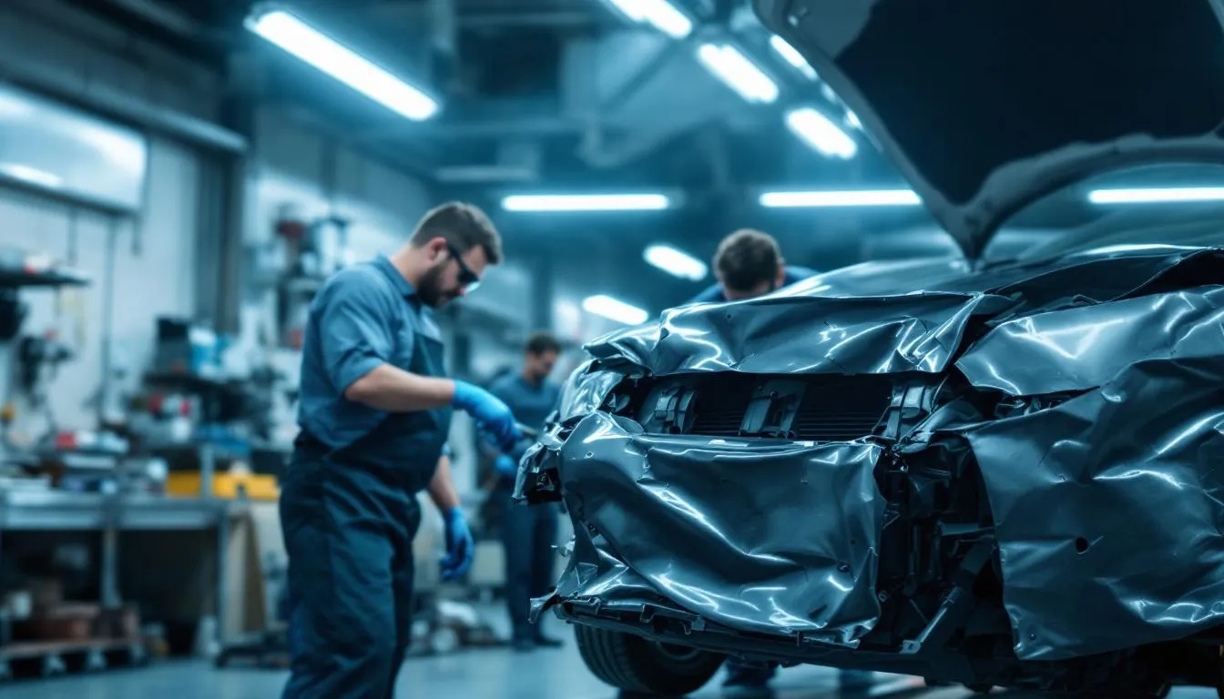 The image shows a damaged car at a trusted auto body shop, where skilled technicians are examining the vehicle for necessary repairs. The scene highlights the commitment to quality workmanship and the team's readiness to restore the vehicle's finish after a collision. Pristine Collision Center.