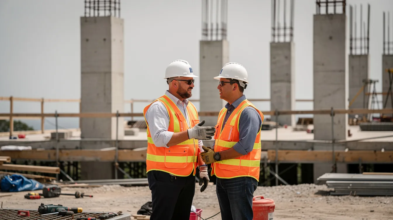 Two construction workers in hard hats speak privately near a partially built structure on a jobsite.
