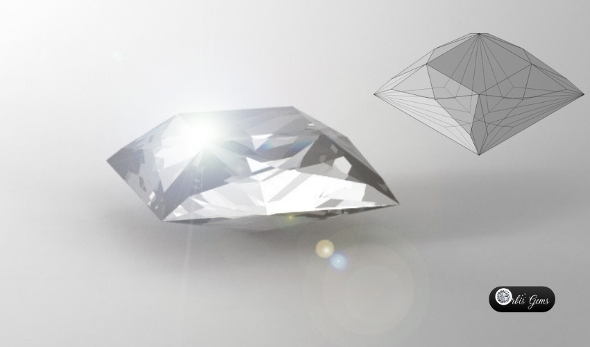 A marquise-cut gemstone glistens on the left, with its geometric faceting diagram displayed on the right, symbolizing the intricate design of the cut. Learn about the 'History of the Princess Cut' and its development at Orbis Gems.