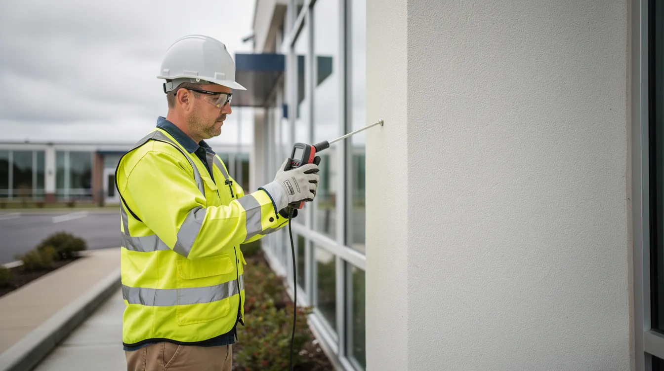 A professional building inspector, dressed in safety gear, is examining the exterior of a commercial building with a moisture meter, highlighting the importance of identifying potential construction defects. This detailed examination is crucial for property owners to address issues like water intrusion and structural damage, ensuring compliance with local building codes.