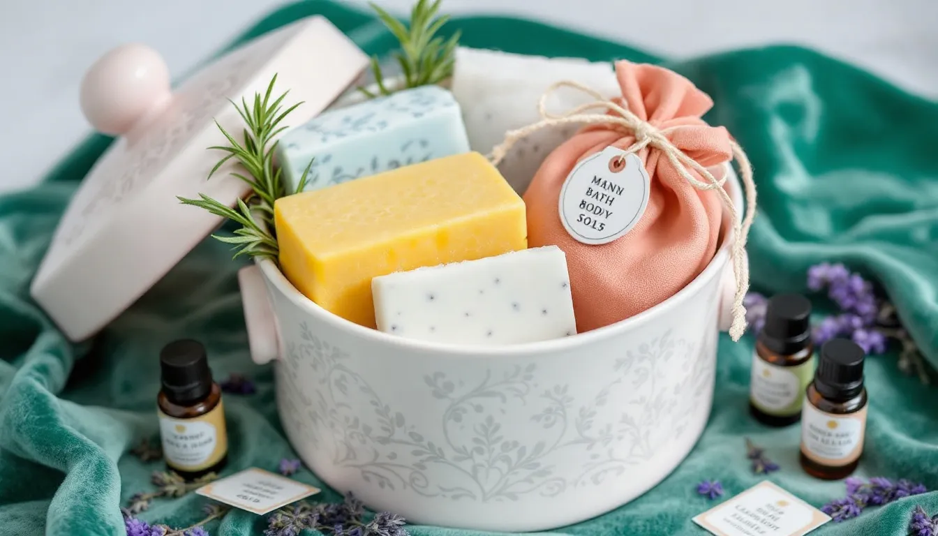 A beautifully arranged handmade bath and body gift set featuring colorful soap bars, fragrant bath salts, essential oils, and exfoliating body scrubs, all presented in a charming spa-themed container, making it a perfect gift for the holiday season. This thoughtful gift idea is ideal for anyone on your list who enjoys self-care and relaxation.