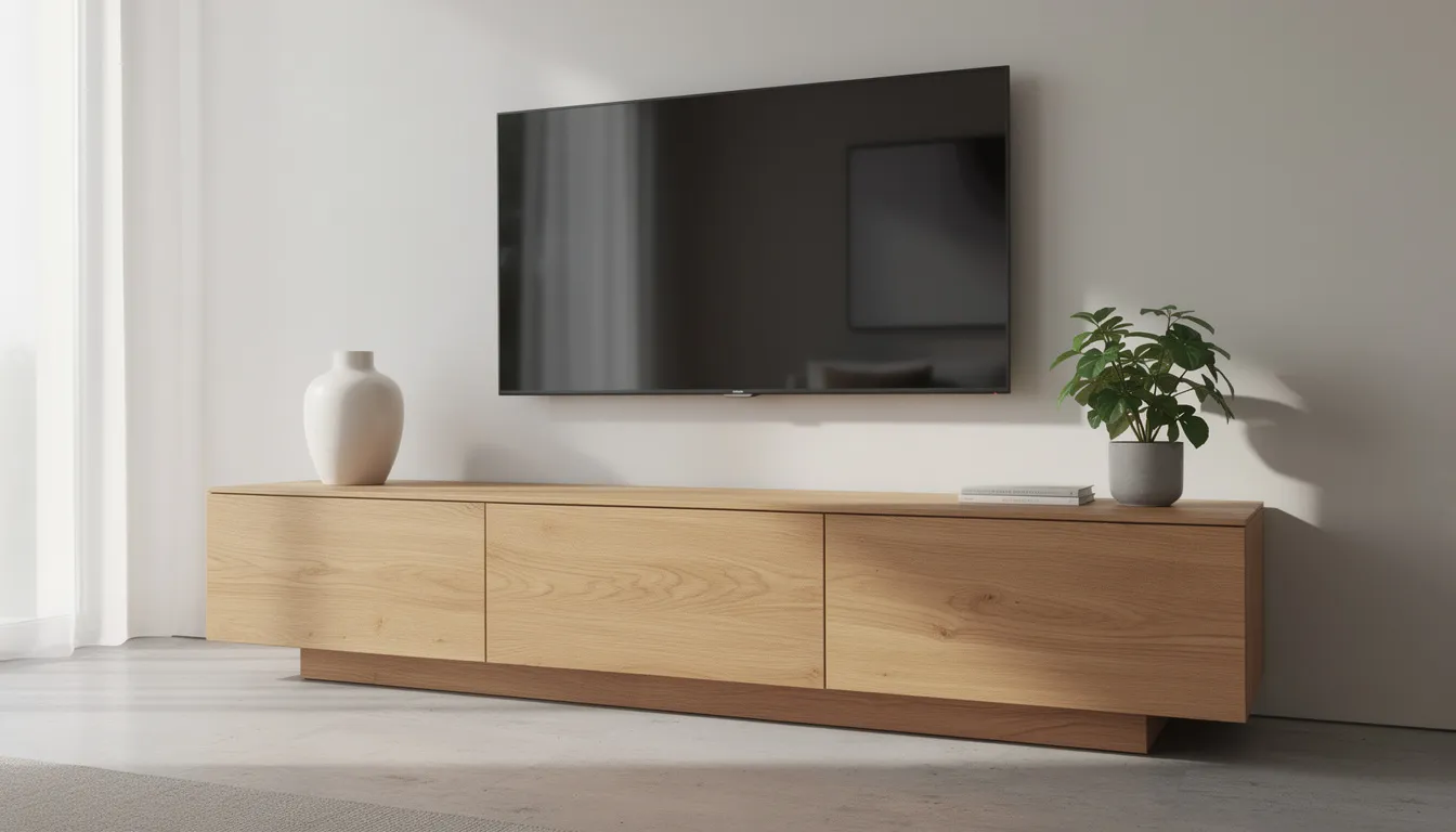 Japandi tv meubel: serene blikvanger in jouw woonkamer Een moderne woonkamer met een laag houten tv meubel in natuurlijke eiken tinten, voorzien van strakke lijnen en een stijlvolle uitstraling. De minimalistische decoratie omvat een keramische vaas en een kleine plant, die samen een rustige en elegante sfeer creëren.