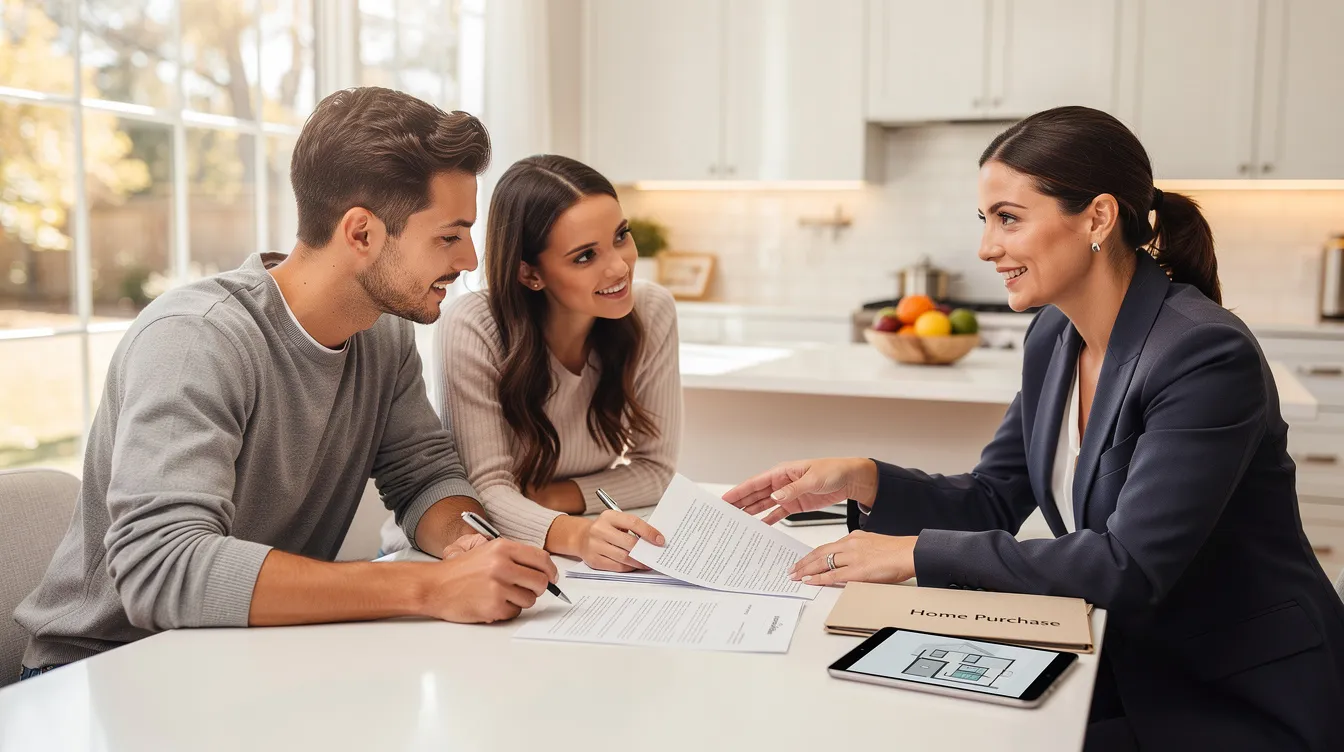 A couple is seated at a kitchen table, reviewing home documents with a real estate professional, discussing important details such as monthly mortgage payments, closing costs, and the eligibility criteria for CHFA first mortgage loans. The atmosphere is focused as they explore options for their dream home and assess how much equity they might need to move forward with the purchase.