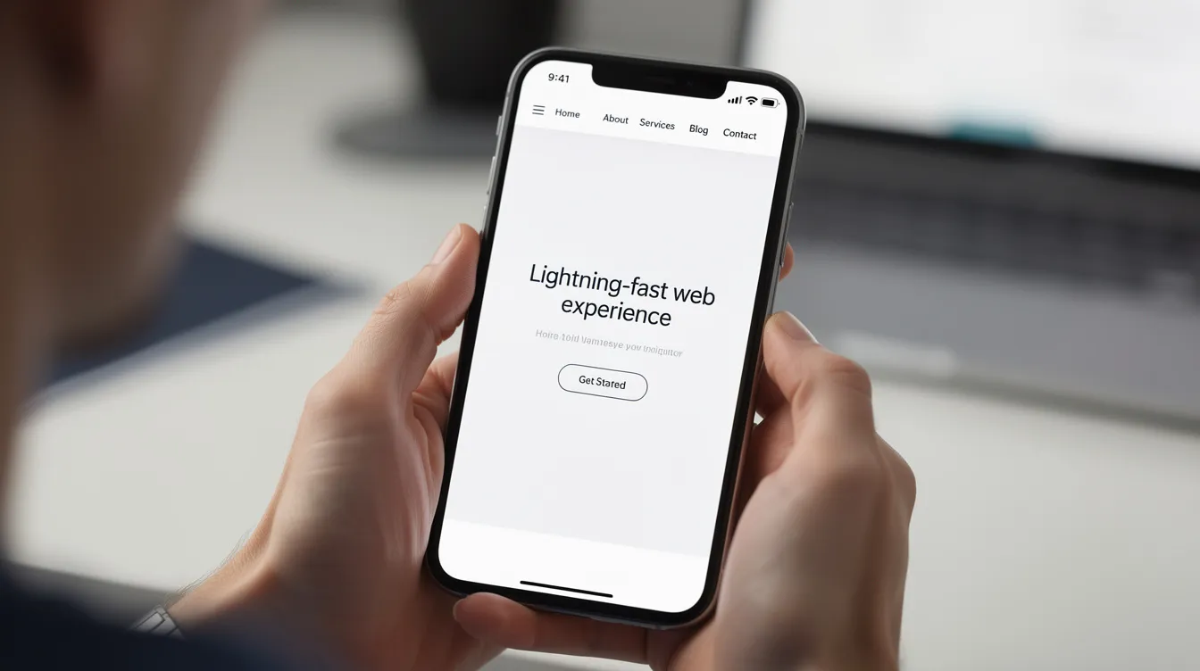 A pair of hands holds a smartphone displaying a clean, mobile-friendly website designed for fast loading and easy navigation, optimized for mobile devices. The responsive layout ensures that users can easily browse and engage with the site's content on smaller screens, enhancing their overall web experience.