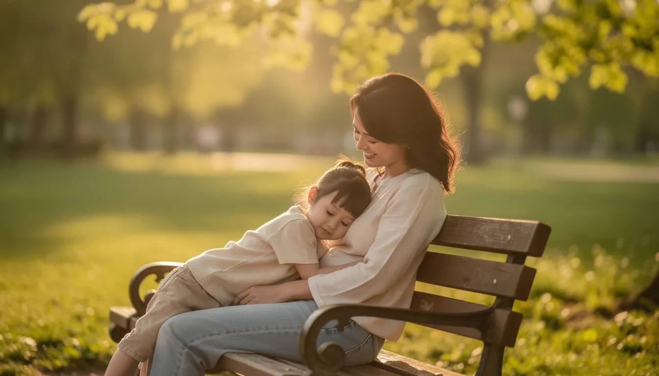 A mother and her young child sit together on a bench in a sunlit park, enjoying a peaceful moment surrounded by greenery. This image reflects the nurturing bond of family, which can be central in family law matters such as child custody and support.