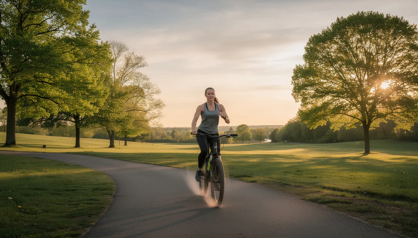 The image depicts a person exercising outdoors, either running or cycling amidst a natural setting filled with trees and an expansive open sky, promoting heart health and enhancing mitochondrial function. This activity not only supports energy metabolism but also contributes positively to overall cardiac function.