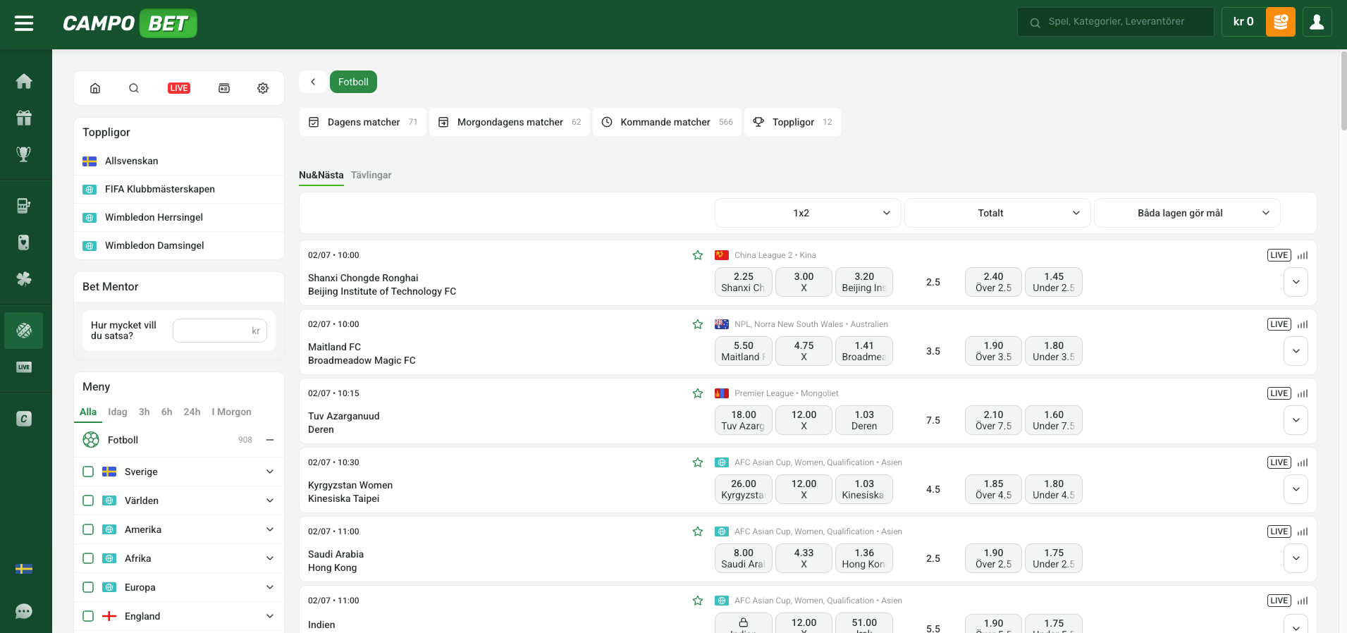 Campobet brett utbud av fotboll betting