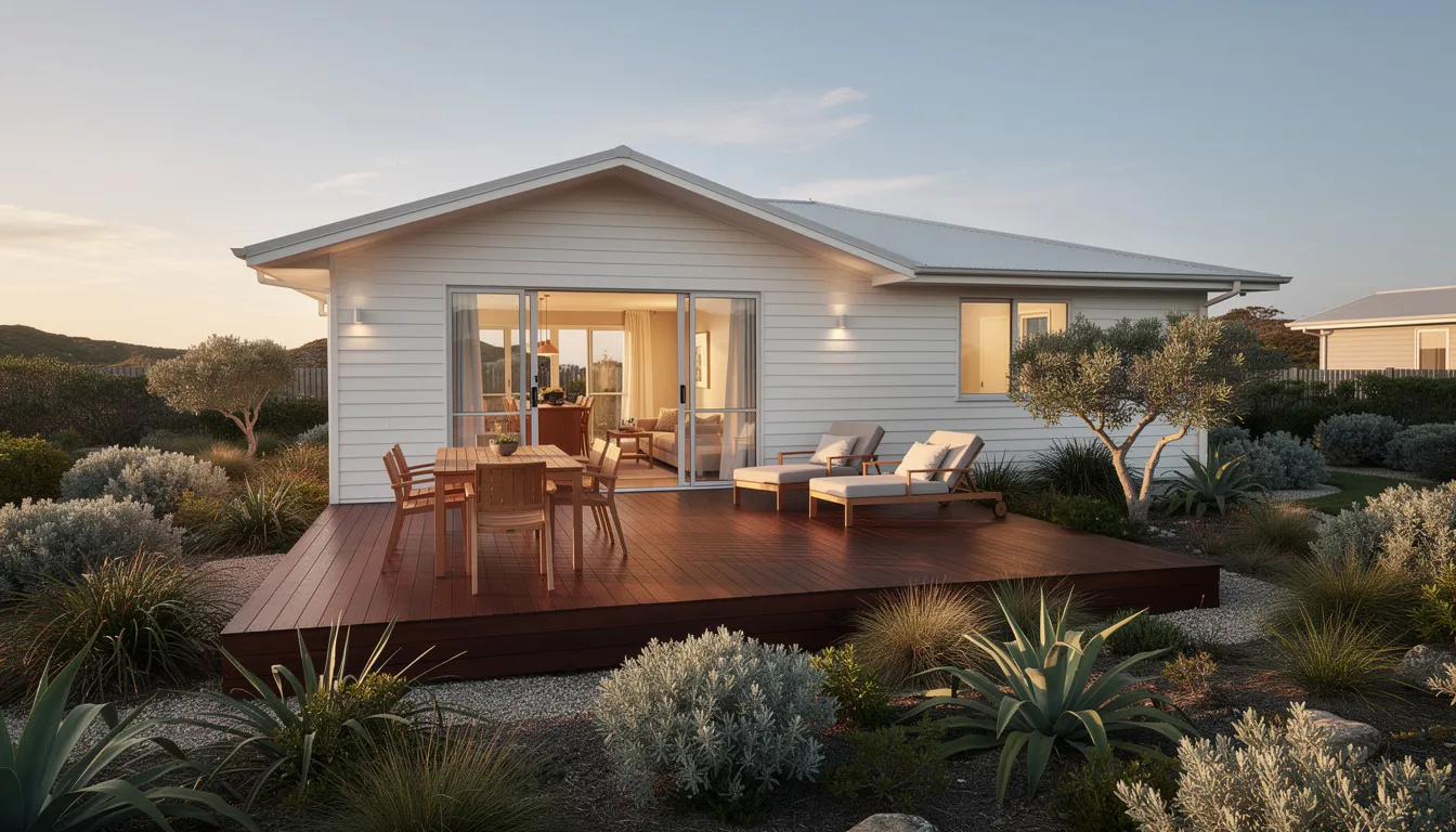 The image depicts a charming weatherboard bungalow featuring a rich dark timber deck made from durable hardwoods, complemented by built-in outdoor seating and surrounded by native coastal plants. This inviting outdoor space showcases the natural beauty of New Zealand's climate, offering an aesthetic appeal with minimal maintenance requirements.