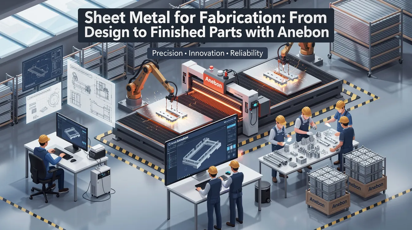 The image showcases various stages of sheet metal fabrication, highlighting the transformation from flat metal sheets to finished parts using techniques such as laser cutting and bending. It emphasizes the precision and complexity involved in creating custom sheet metal parts, suitable for various applications and materials, including stainless steel and aluminum alloys.