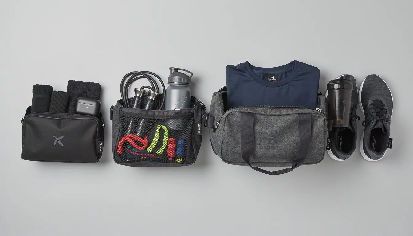The image features various sized sweat bags designed for gym use, showcasing different configurations for storing sweaty clothes, workout gear, and wet towels. Each bag is equipped with waterproof lining to protect against moisture and odors, making them a perfect addition for athletes and fitness enthusiasts.