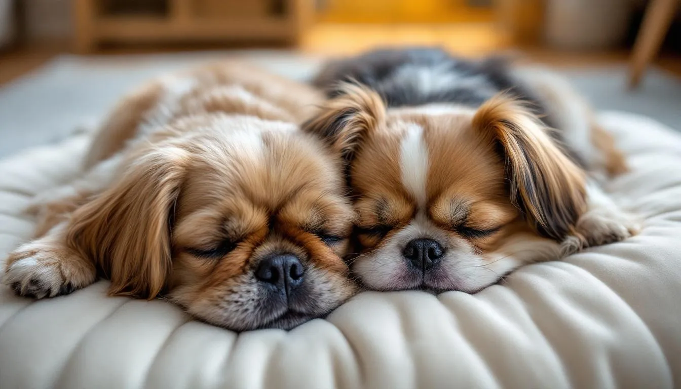A Pekingese and a Japanese Chin, both small dog breeds known for their affectionate nature, are peacefully resting together, showcasing their calm demeanor and low energy. Their flat faces and gentle personalities make them great companions for pet parents looking for low-maintenance, lazy dog breeds.