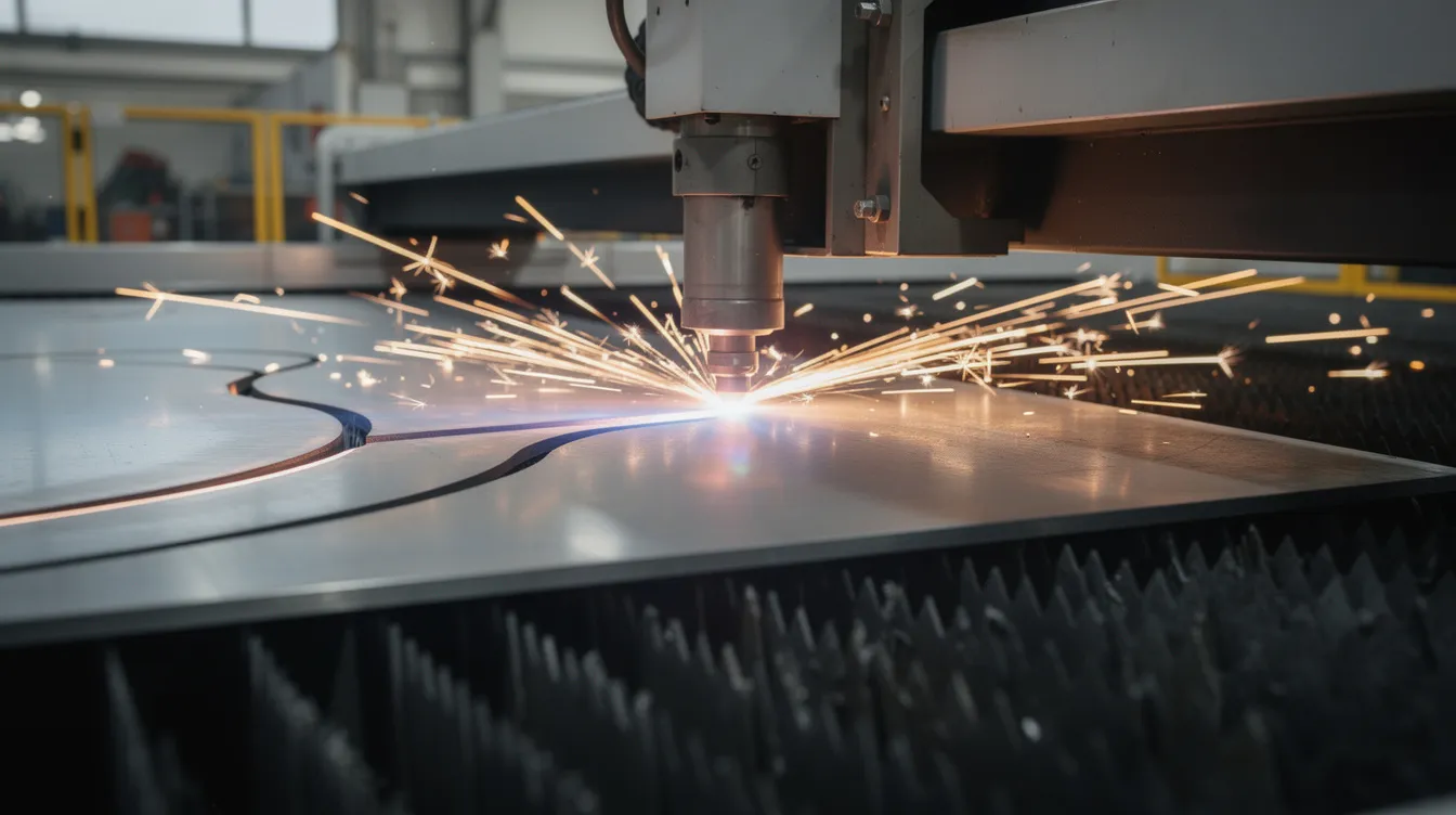 A fiber laser cutter is actively engaged in the sheet metal fabrication process, emitting bright sparks as it precisely traces a curved profile on a steel sheet, showcasing the capabilities of metal fabrication in creating complex shapes. The scene highlights the advanced technology used in laser cutting to produce high-quality metal components.