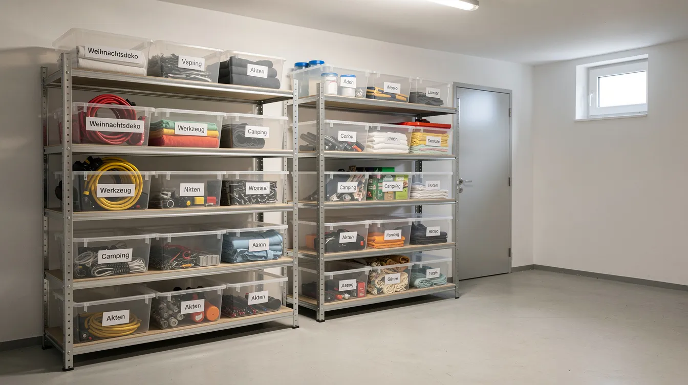 Die Bildbeschreibung zeigt eine aufgeräumte Kellerecke mit stabilen Metallregalen, die ordentlich beschriftete Kunststoffboxen enthalten. Diese Ordnung im Keller erleichtert die Übersicht über verschiedene Dinge und trägt zur erfolgreichen Kellerentrümpelung bei.