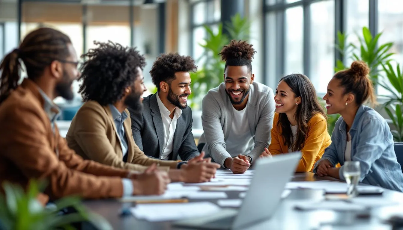 In dem Bild ist ein Team zu sehen, das gemeinsam an einem Tisch sitzt und sich über positive Lohnpolitik austauscht, was zu besseren Arbeitsbedingungen und höheren Löhnen führt. Die Atmosphäre ist professionell und motivierend, während die Mitglieder des Teams, darunter Arbeitnehmer und Arbeitgeber, sich auf die Entwicklung von Maßnahmen zur Verbesserung der Tarifpolitik konzentrieren.