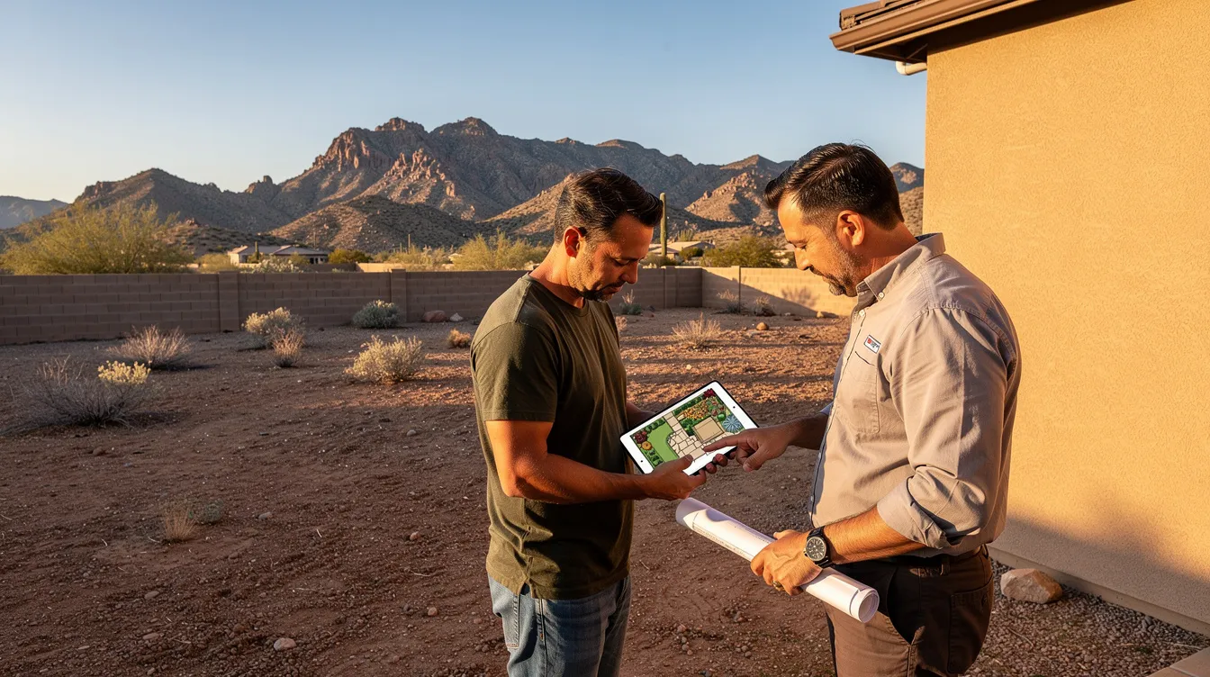 A homeowner and a landscape designer stand together in a bare Arizona backyard, reviewing design plans on a tablet while desert mountains loom in the background. They discuss ideas for the outdoor space, focusing on elements that will enhance the landscape design and create a welcoming area for family and guests.