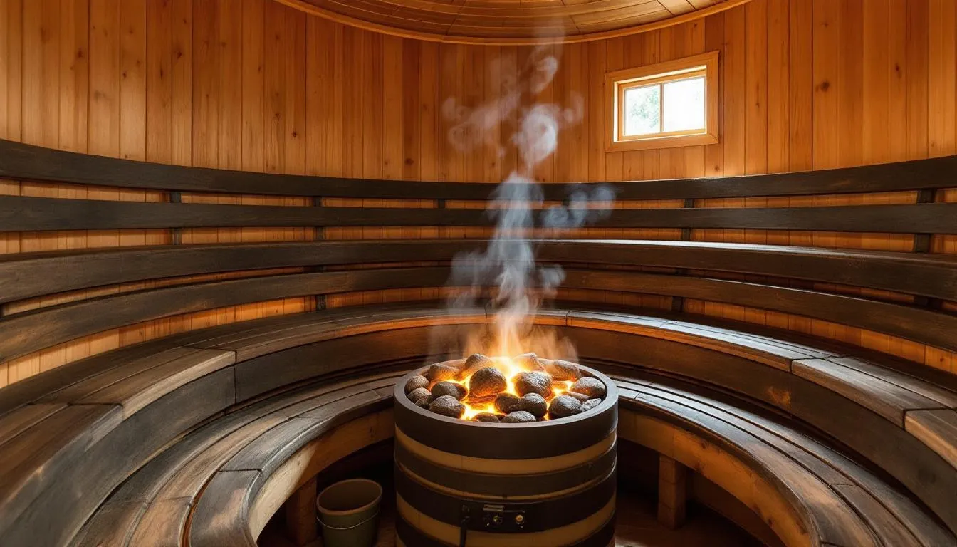The image depicts the interior of a traditional wooden sauna, featuring warm wooden benches and smooth rocks, creating a cozy atmosphere for relaxation and muscle recovery. This serene environment is ideal for sauna sessions that promote increased blood flow and aid in reducing muscle soreness and inflammation.
