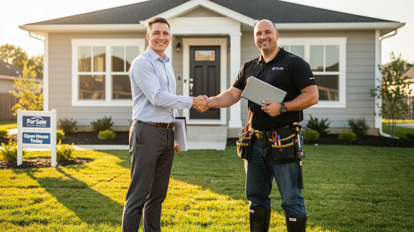 The image shows a real estate investor shaking hands with a contractor in front of a newly renovated house, symbolizing a successful partnership in real estate investing. This moment reflects the importance of securing gap funding to cover renovation costs and ensure the total project cost is met effectively.