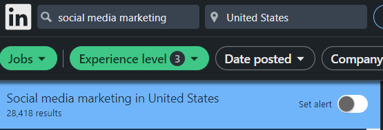 Search Result of Social Media Marketing in LinkedIn (With INTERNSHIP, ENTRY-LEVEL AND ASSOCIATE experience filter).
