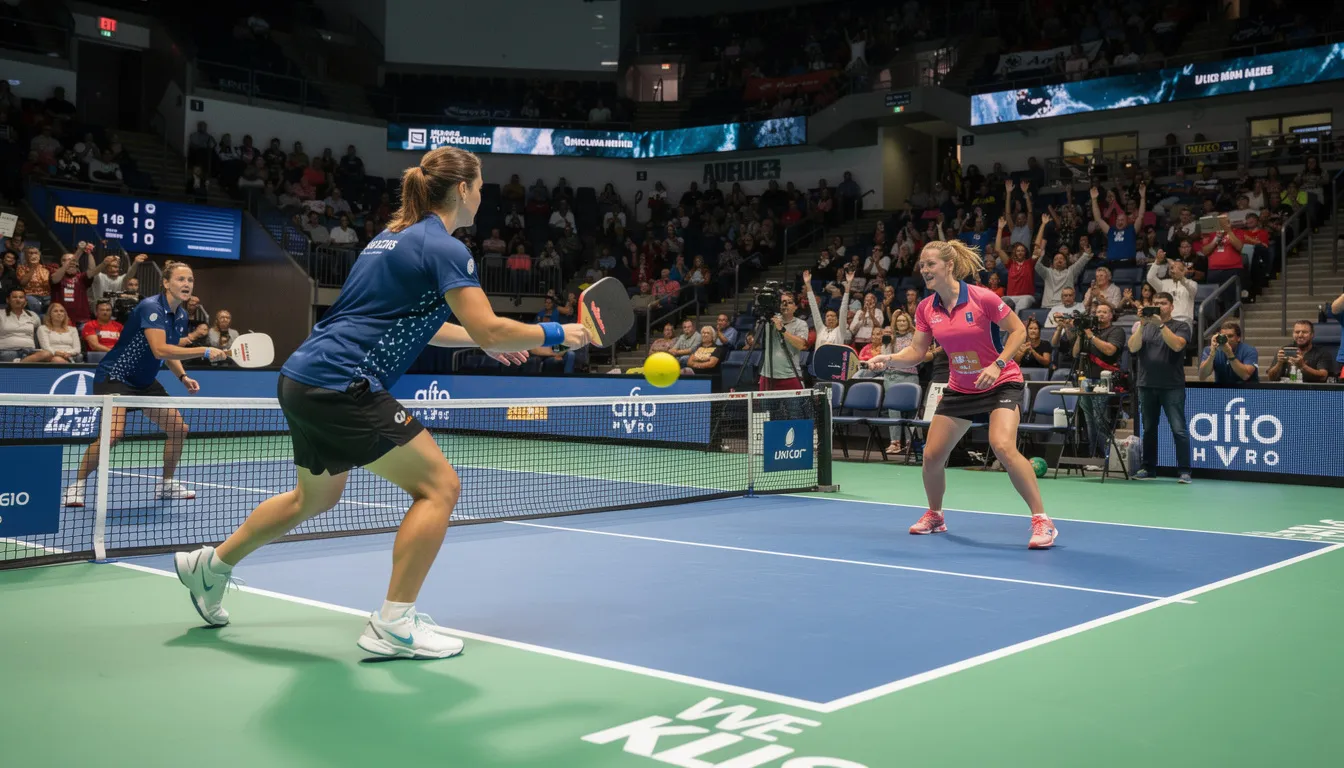 A vibrant scene from a professional pickleball tournament showcases enthusiastic spectators intently watching an intense match, with players wielding paddles and wearing specialized shoes. The atmosphere is filled with excitement as fans of all ages gather to enjoy the sport and connect with the pickleball community.