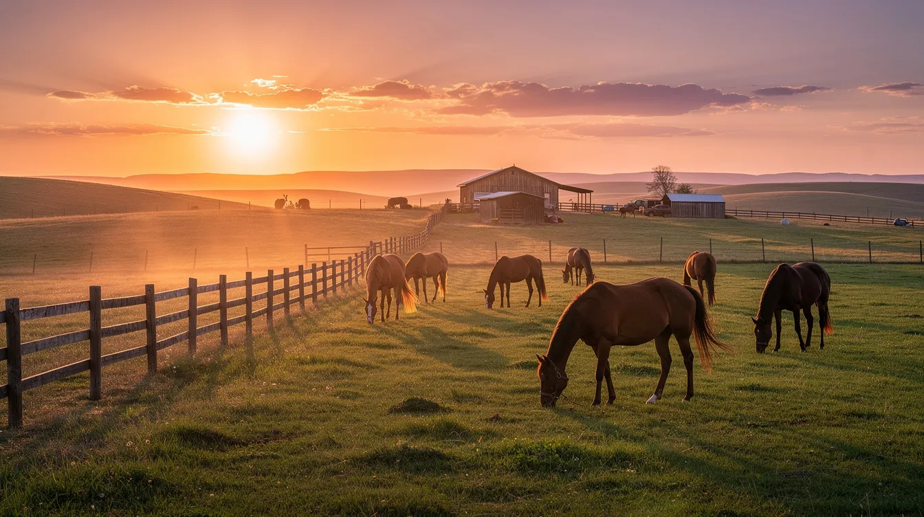The image depicts a serene sunset over a ranch, where several horses are grazing peacefully in a lush pasture. This picturesque scene embodies the cowboy lifestyle, perfect for those interested in dating cowboys or exploring the charm of country life.