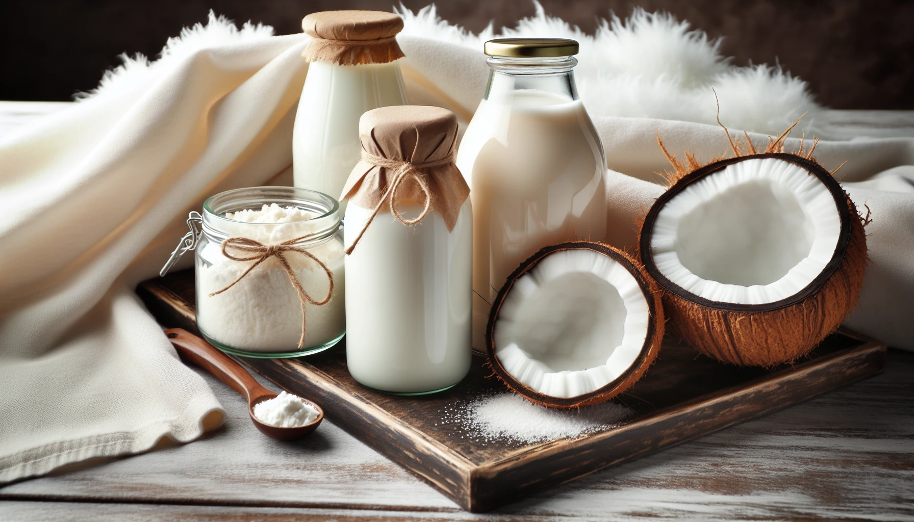 Various types of milk including coconut milk, goat milk, and powdered milk