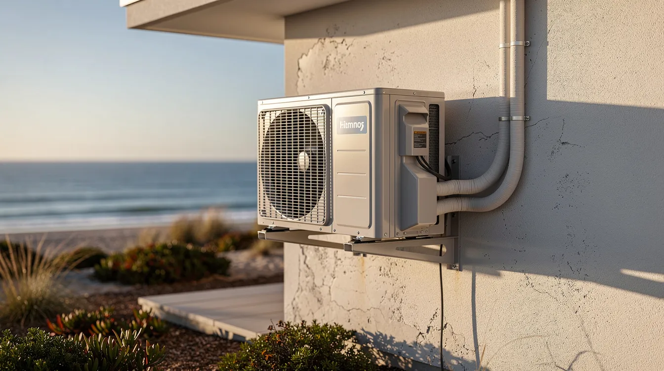 The image depicts a modern air conditioning system installed on the exterior wall of a coastal property, showcasing its sleek design and efficient cooling solutions. This residential unit highlights the importance of air conditioning for maintaining comfort in homes, especially in warm climates like Cape Town.
