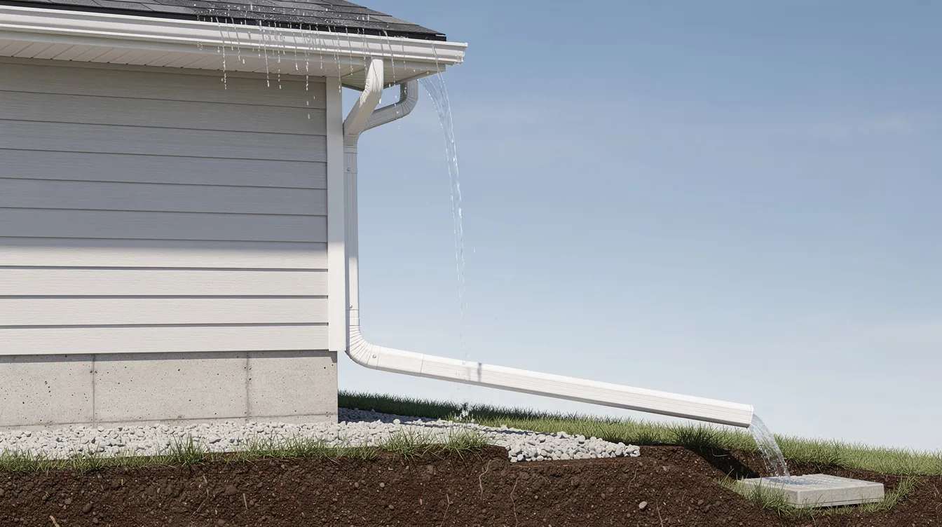 The image depicts a residential gutter system with an extended downspout that directs rainwater away from the home's foundation, helping to prevent issues like foundation leaks and water intrusion. This setup is essential for protecting against water accumulation and potential structural damage during heavy rainfall.