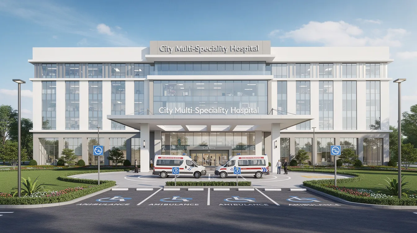 9f0c5c90 74b2 4b56 81f0 368403a7ab68 The image depicts a modern multi-speciality hospital with a sleek exterior design, featuring designated ambulance parking and a beautifully landscaped entrance. This facility is equipped to provide quality medical services and advanced medical equipment, emphasizing its role in supporting healthcare projects and patient care.